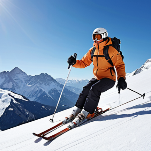 Home 4 **Image Prompt:** A picturesque alpine scene featuring a skier gracefully gliding down a snowy slope, using ski poles for balance and propulsion. The skier is wearing stylish ski attire and the backdrop showcases majestic snow-capped mountains under a clear, crisp sky.