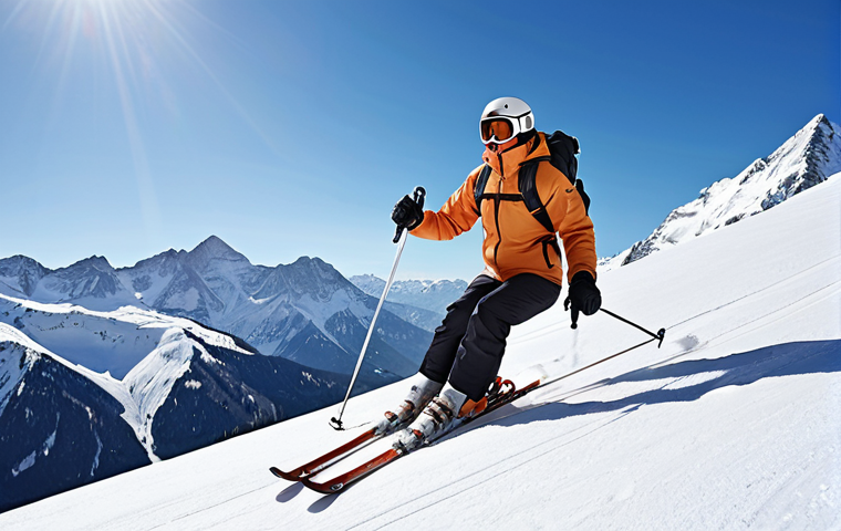 **Image Prompt:** A picturesque alpine scene featuring a skier gracefully gliding down a snowy slope, using ski poles for balance and propulsion. The skier is wearing stylish ski attire and the backdrop showcases majestic snow-capped mountains under a clear, crisp sky.